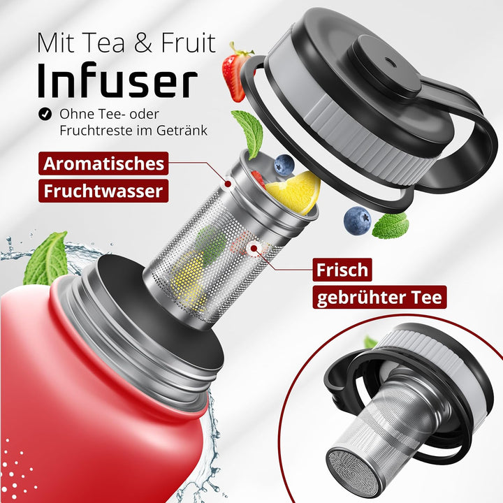 Trinkflasche Edelstahl ACTIVE FLASK + Strohhalm (3 Deckel) BPA-frei, Auslaufsicher, Kohlensäure geei