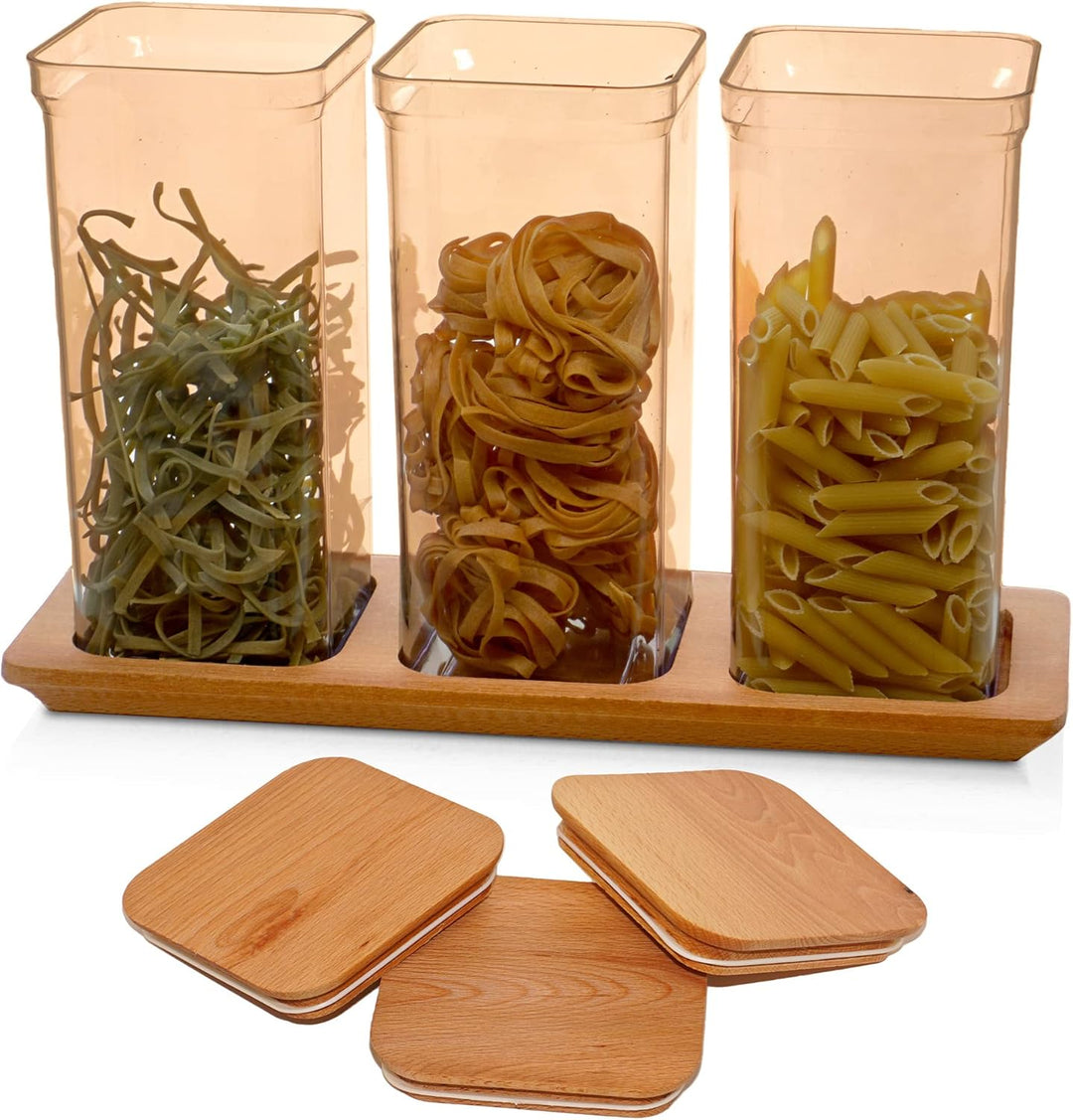 3x Spaghettidose Kunststoff, Vorratsdosen mit Bambusdeckel Braun - Bernstein, Müslibehälter Set 1,5