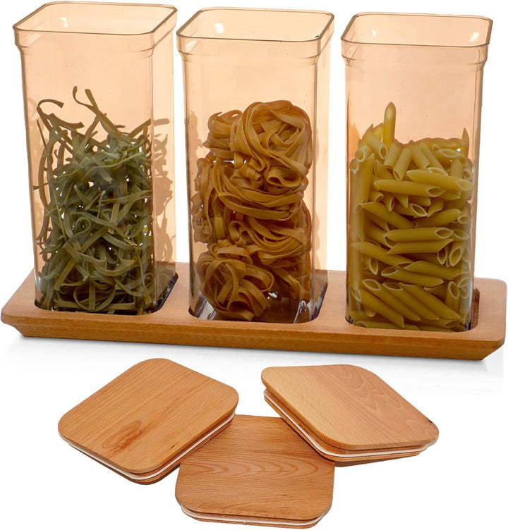 3x Spaghettidose Kunststoff, Vorratsdosen mit Bambusdeckel Braun - Bernstein, Müslibehälter Set 1,5