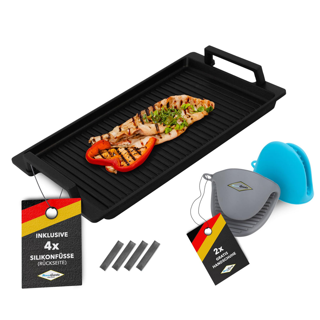 MaxxGoods - Aluminiumguss Grillplatte mit Seitengriffe - Gerippt - 41x24x2,5cm - für Induktion & all