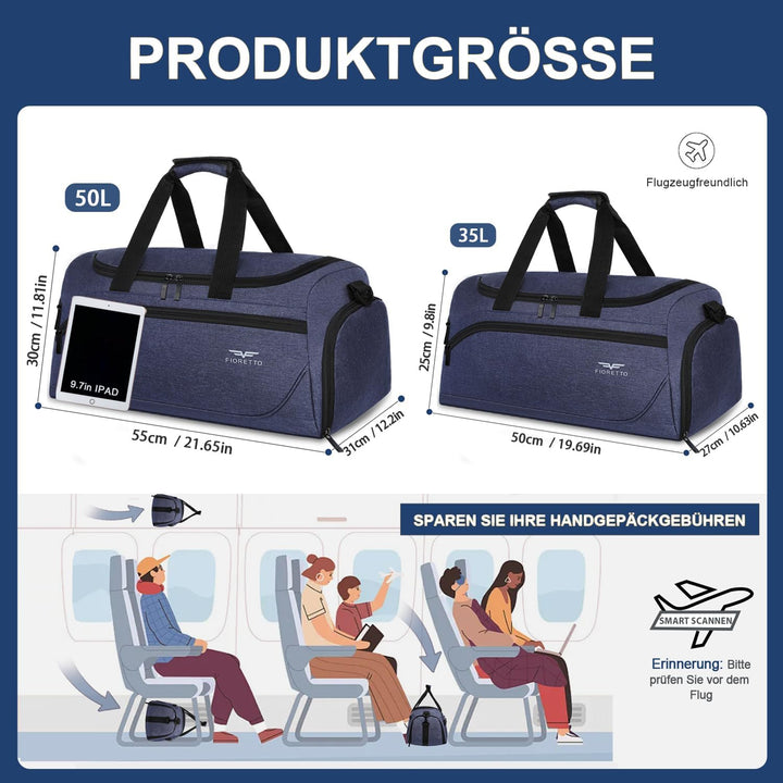 FIORETTO 35L Sporttasche &amp; Reisetasche für Damen und Herren, mit Schuhfach &amp; Nassfach, Wasserdicht T