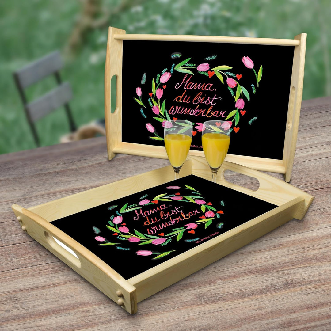Mr. & Mrs. Panda Servier Tablett Mama Tulpen - Geschenk, Mutter, serviertablett Holz, Dekoration, Be