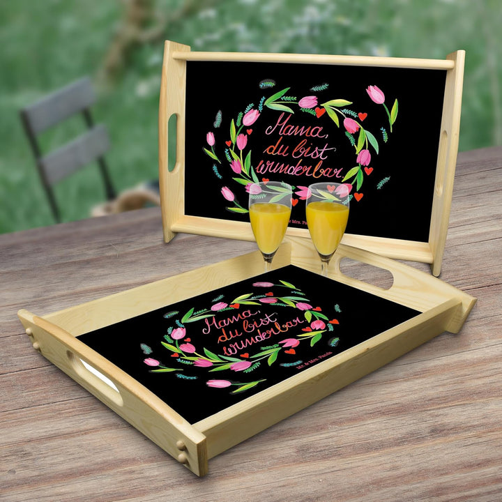 Mr. & Mrs. Panda Servier Tablett Mama Tulpen - Geschenk, Mutter, serviertablett Holz, Dekoration, Be