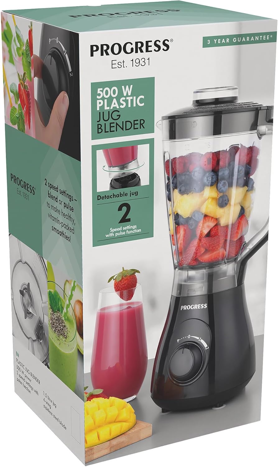 Progress Plastic 1,5L Krugmixer - 2 Geschwindigkeiten & Pulsfunktion, 4-Flügel-Edelstahlklinge, gros