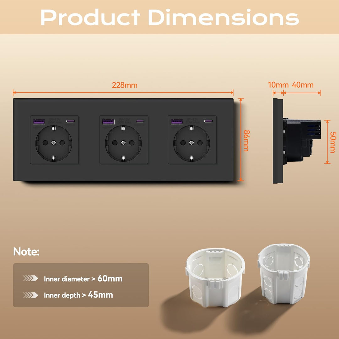 BSEED Schuko Wand Verdreifach Steckdose mit 20W USB & Typ C Schnellladegerät Glas 3 in 1 Unterputz W