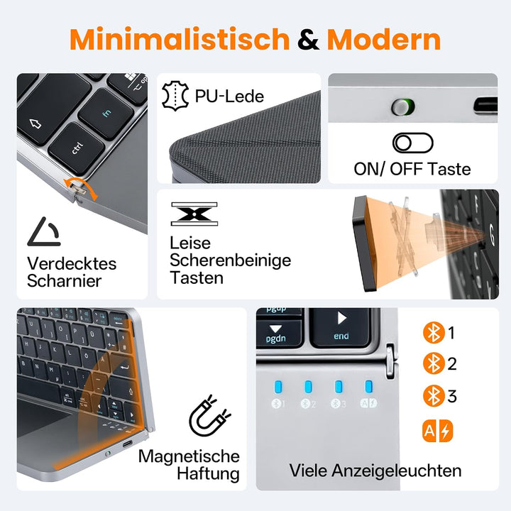 Faltbare Tastatur mit Touchpad, Bluetooth Tastatur Tablet, Tastatur Kabellos Leise mit Hüllenhalter,