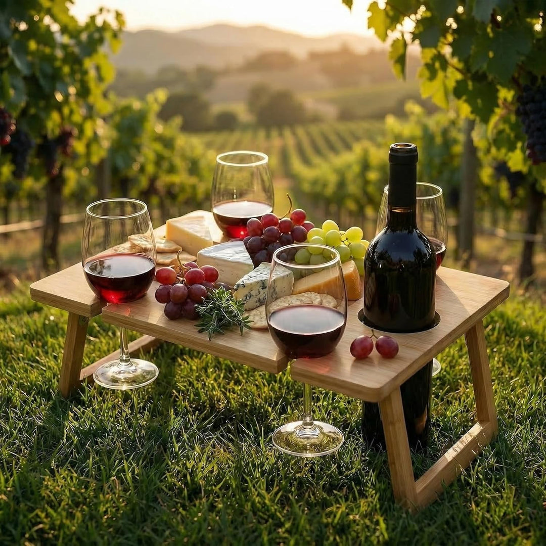 Peohud Bambus-Wein-Picknicktisch, zusammenklappbares Snacktablett mit Weingläserhalter, tragbarer We