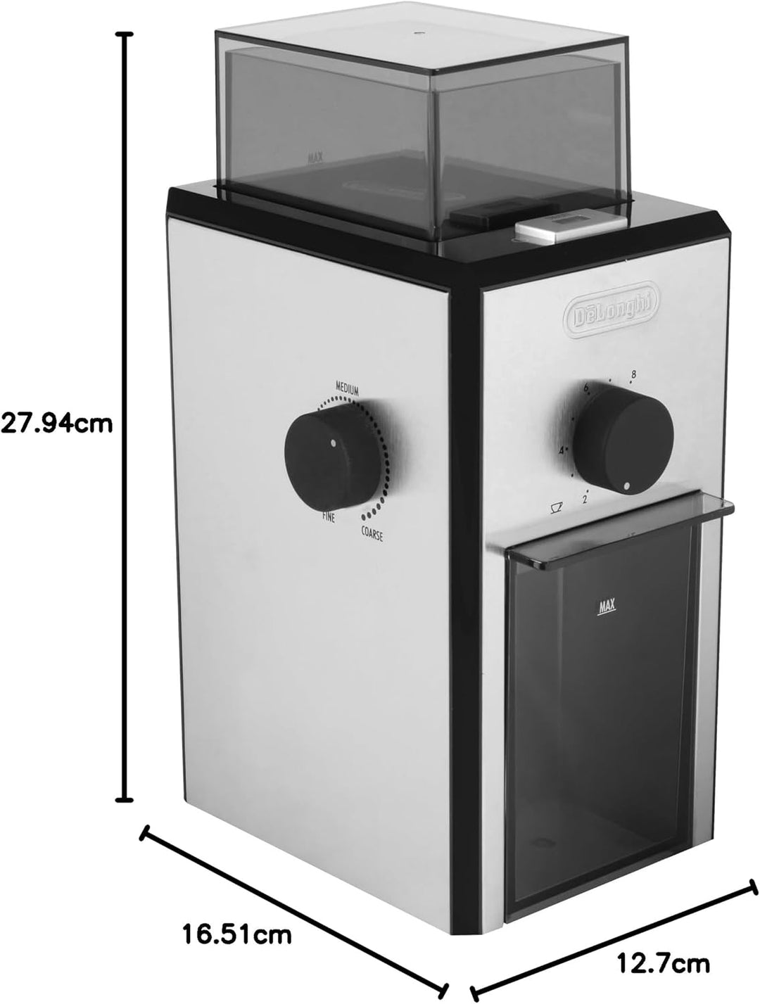 De'Longhi KG89 KG 89 Professionelle Kaffeemühle für bis zu 12 Tassen, Kunststoffgehäuse, silber, 110