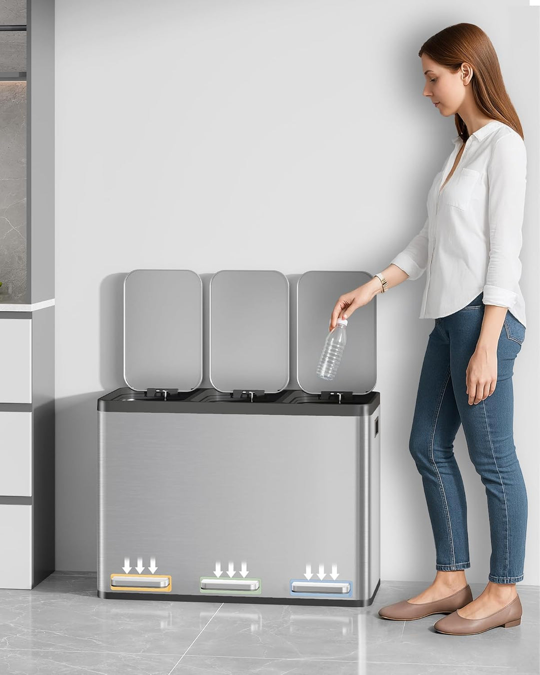Hzuaneri Mülleimer Küche, Mülltrennsystem 3 Fächer 45L (3 x 15 L), Edelstahl-küchenmülleimer, Tretmü