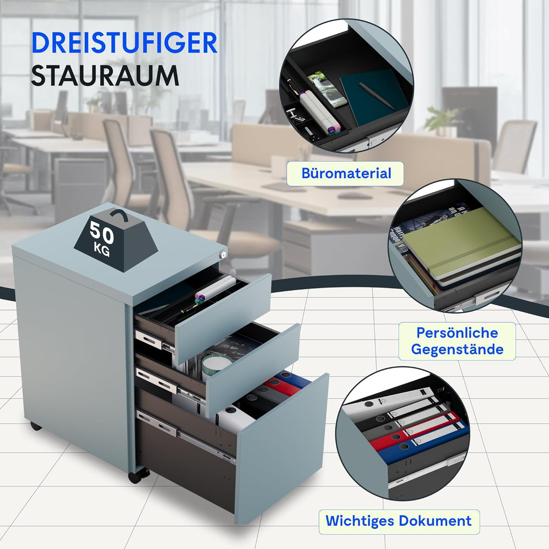 FlexiSpot Rollcontainer mit 3 Schubladen, mobiler Aktenschrank mit Rollen, Schubladenschrank Bürosch