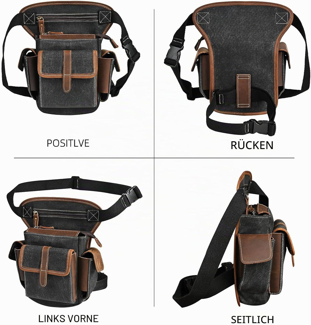 Herren Canvas + Leder Motorrad Reiten Tasche Beinbeutel Beintasche Aussenbeintasche Hüfttasche Drop