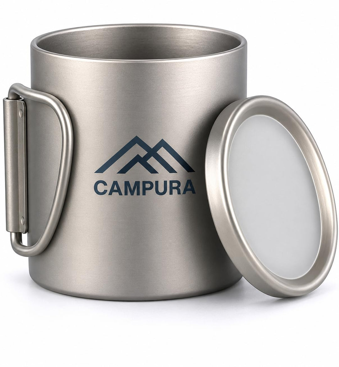Titan Campingbecher 450 ml mit Deckel und Transportbeutel, doppelwandiger Outdoor Becher mit Faltgri