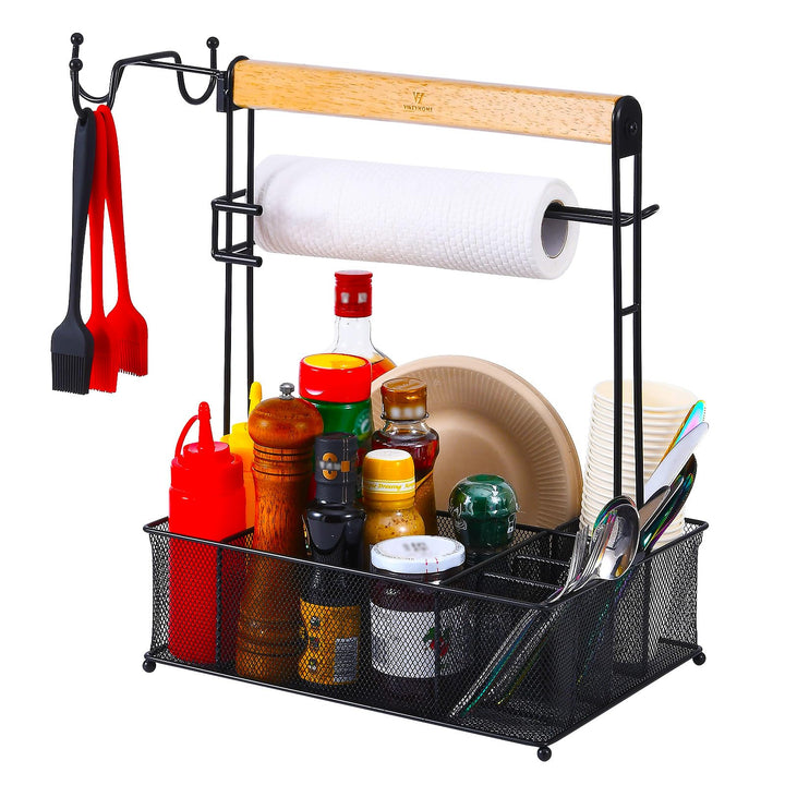 Grill-Caddy, Picknick-Grill-Organizer für Camping, Outdoor, Netzkorb mit 3 Haken zum Aufhängen und P
