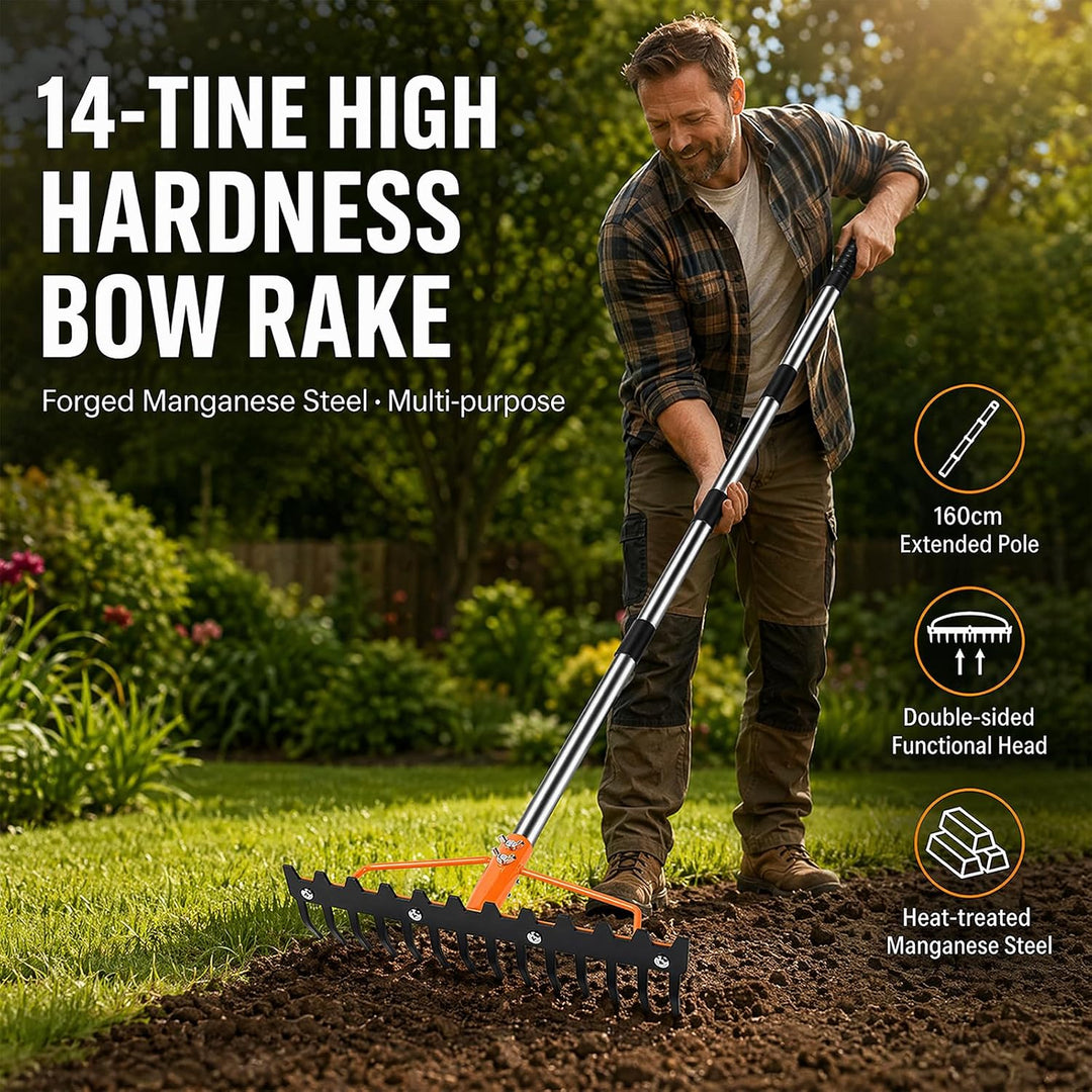 Gartenrechen, 1,6m Robuste Metall Gartenharke mit 17 Stahlzinken, Rasenharke zum Lockern von Boden u