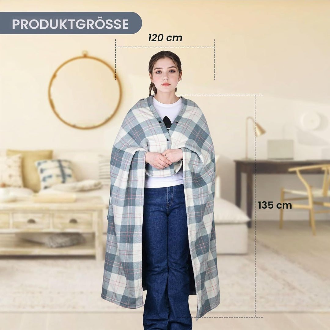 Tragbare Decke Kompaktes Kissen 2-in-1-Schossdecke Damen Poncho Fleece mit Knopf Karierte Tagesdecke
