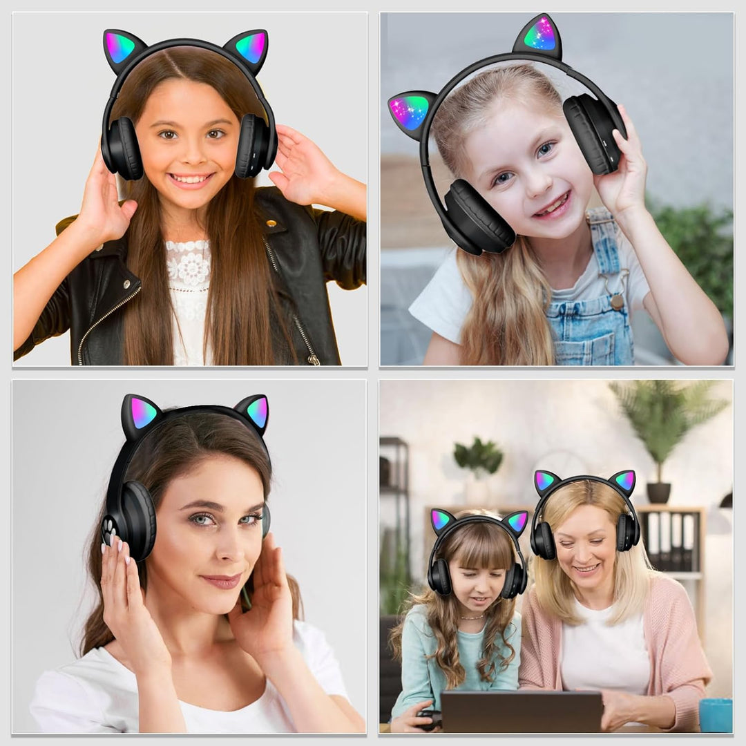 OHAANYY Katzenohr Kopfhörer Kindergeburtstag Geschenke Kind LED Katzenohren Einhorn Bluetooth Kabell