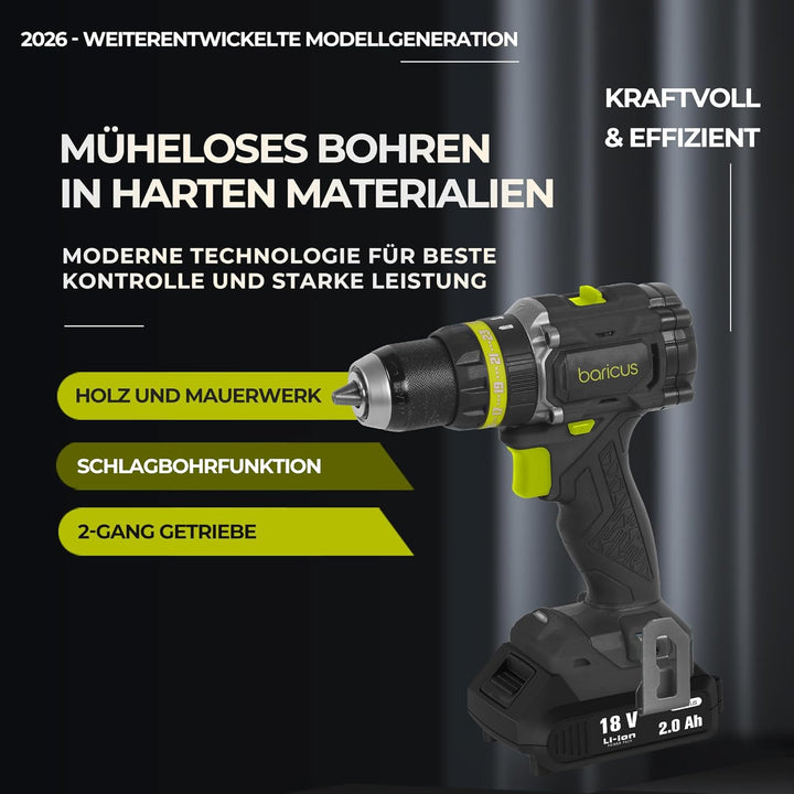 Baricus Akku Schlagbohrschrauber 18V Brushless 75 Nm Digital Display Drehzahlsteuerung 2 Gang 13 mm