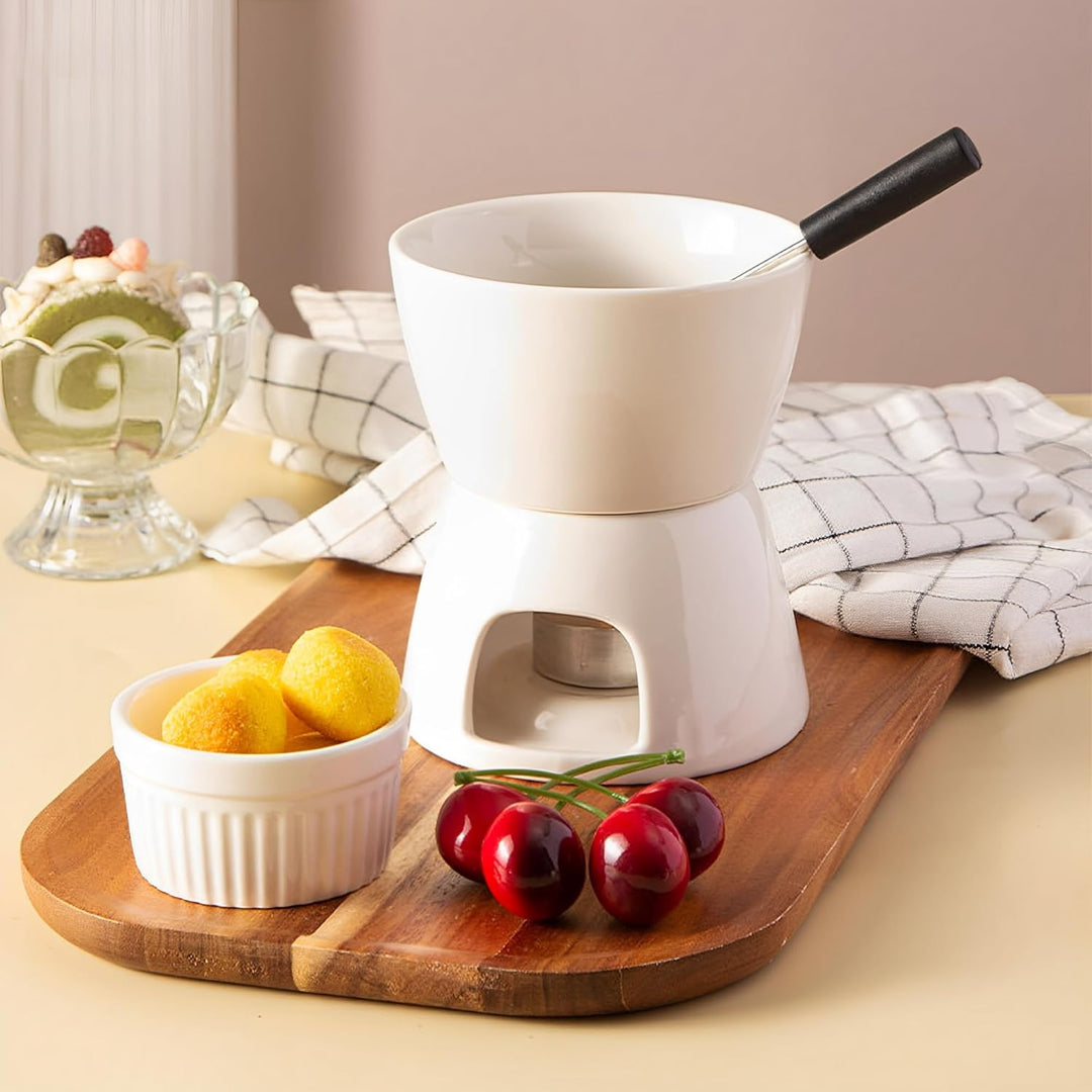 Keramik Schokofondue-Topf-Set, Käse Fondueset mit 1 Teelicht & 4 Gabeln Aus Rostfreiem Stahl, Mini S