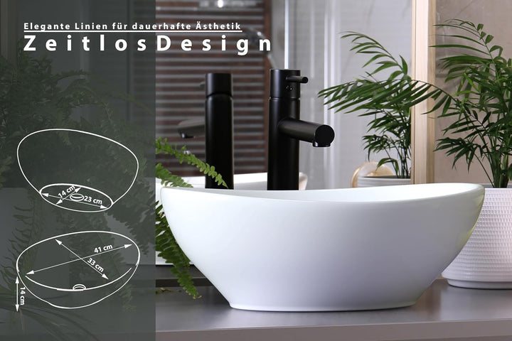 Waschbecken24 | Aufsatzwaschbecken | Ovales Waschbecken ohne Hahnloch | Premium-Qualität | Einfache