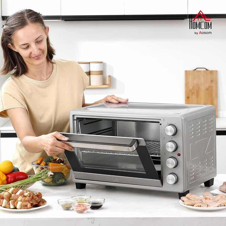 HOMCOM Minibackofen 32L 1600W Elektrischer Mini Ofen mit Schlackenauffangwanne Metall Edelstahl Glas