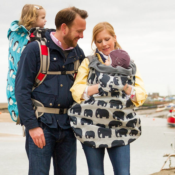 Babywearing: Wasserfester Wetterschutz für Tragetuch und Babytrage -Grau mit Elefanten, Grau mit Ele