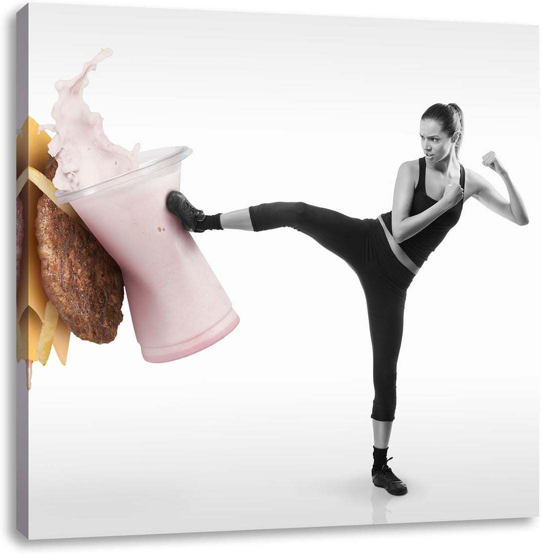 Pixxprint Starke Frau kickt gegen Fastfood Schwarz/Weiss, Format: 70x70 auf Leinwand, 70x70