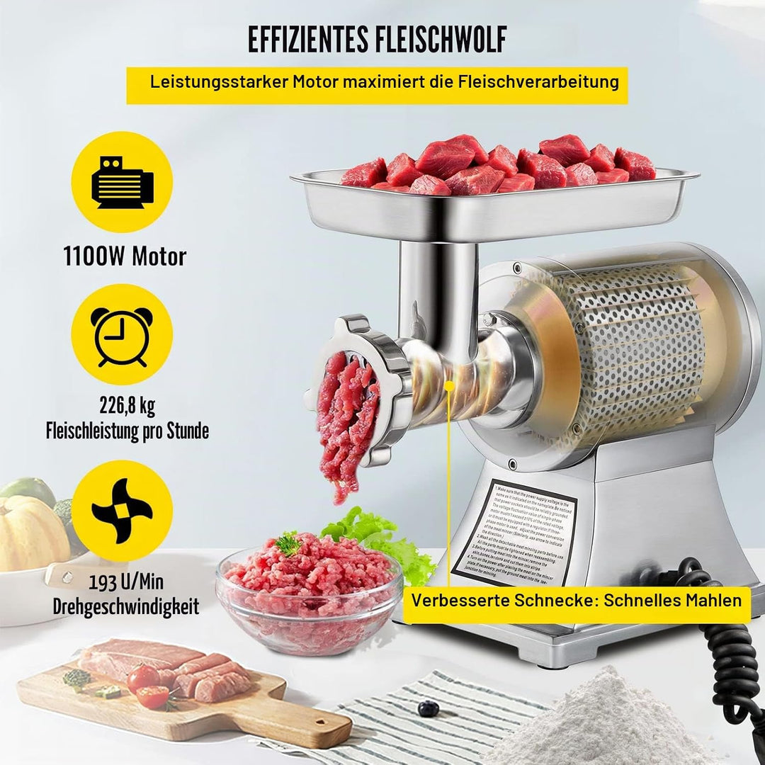 VEVOR Elektrischer Fleischwolf 850 W, Hackfleisch Maschine 150 kg pro Stunde, Elektrische Wurstmasch