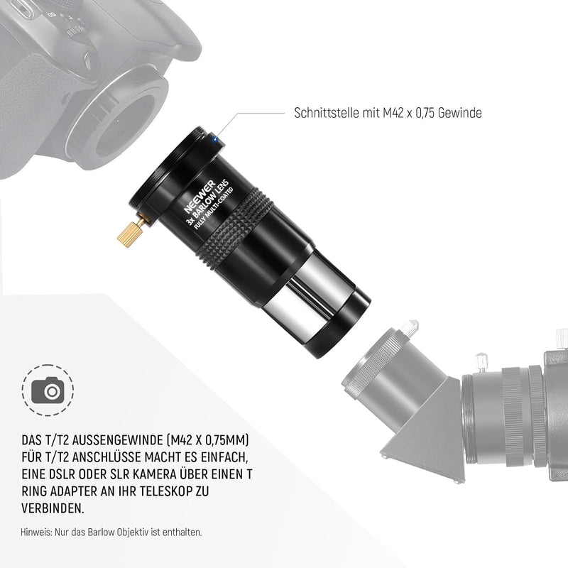 NEEWER 3X Barlow Objektiv für 1,25" Teleskop Okular, mehrfach beschichtetes Teleskopobjektiv Zubehör