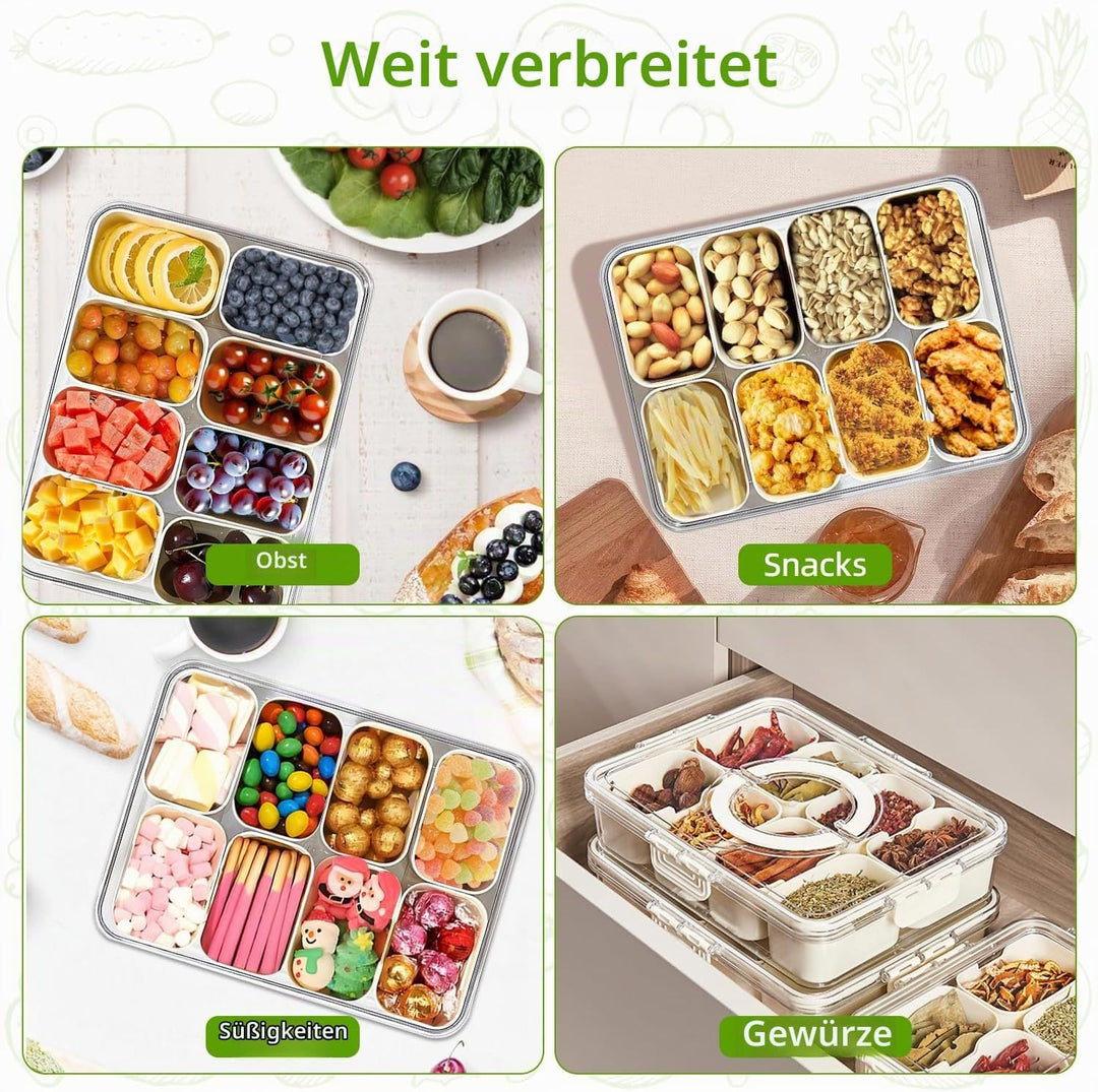 Carehabi Snackbox mit 8 Fächern, Snackteller mit Deckel und Griff, Snackdose Organizer für Snacks Sü