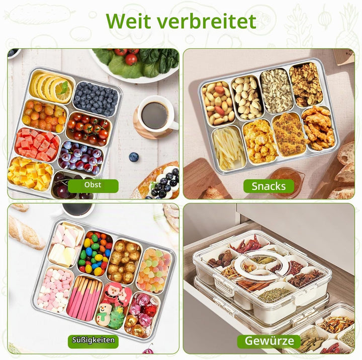 Carehabi Snackbox mit 8 Fächern, Snackteller mit Deckel und Griff, Snackdose Organizer für Snacks Sü