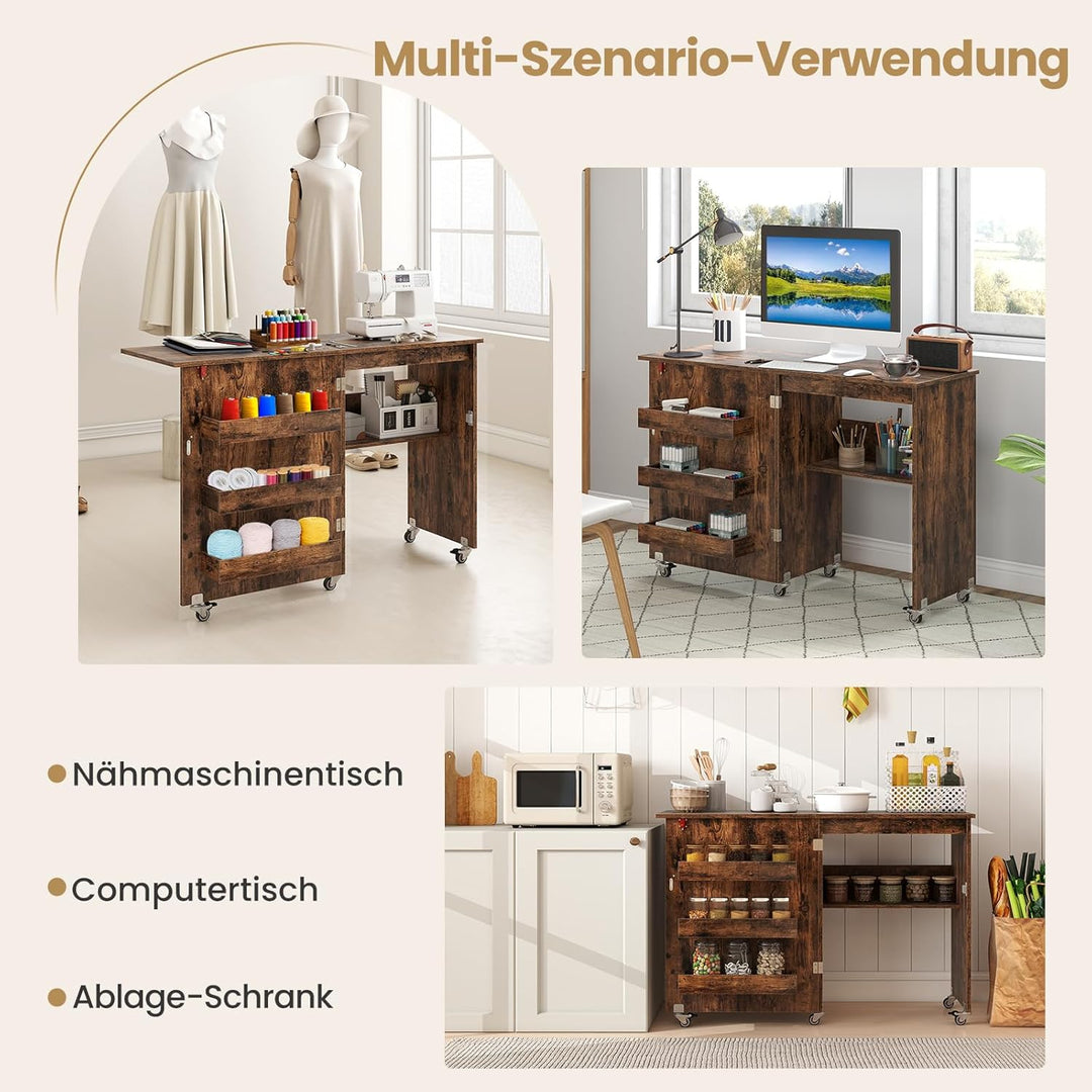 COSTWAY 2 in 1 Nähtisch klappbar, Nähmaschinenschrank aus Holz mit Regalen & Ablagefach, Nähschrank