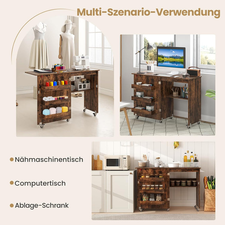 COSTWAY 2 in 1 Nähtisch klappbar, Nähmaschinenschrank aus Holz mit Regalen & Ablagefach, Nähschrank
