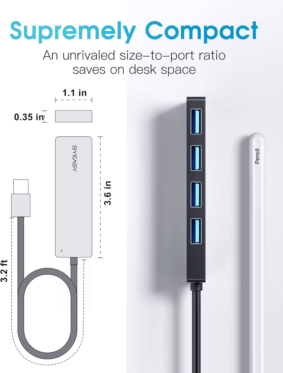 BYEASY USB Hub, 4 Port USB 3.1 Hub Typ A Ultra Slim Extra Leicht Portable Data Hub, Datenhub für iMa
