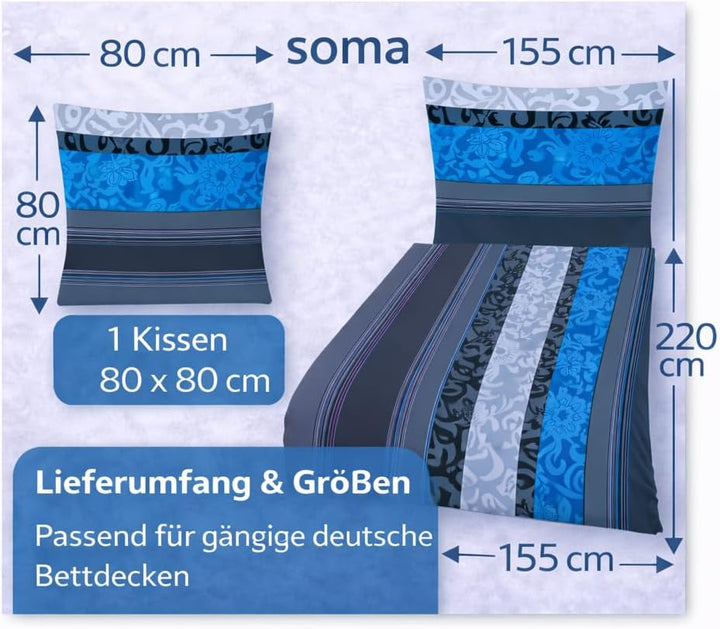 Fein Biber Bettwäsche Garnitur 2tlg. - 155 x 220 cm und 80 x 80 cm - Feinbiber anthrazit/petrol/Blum