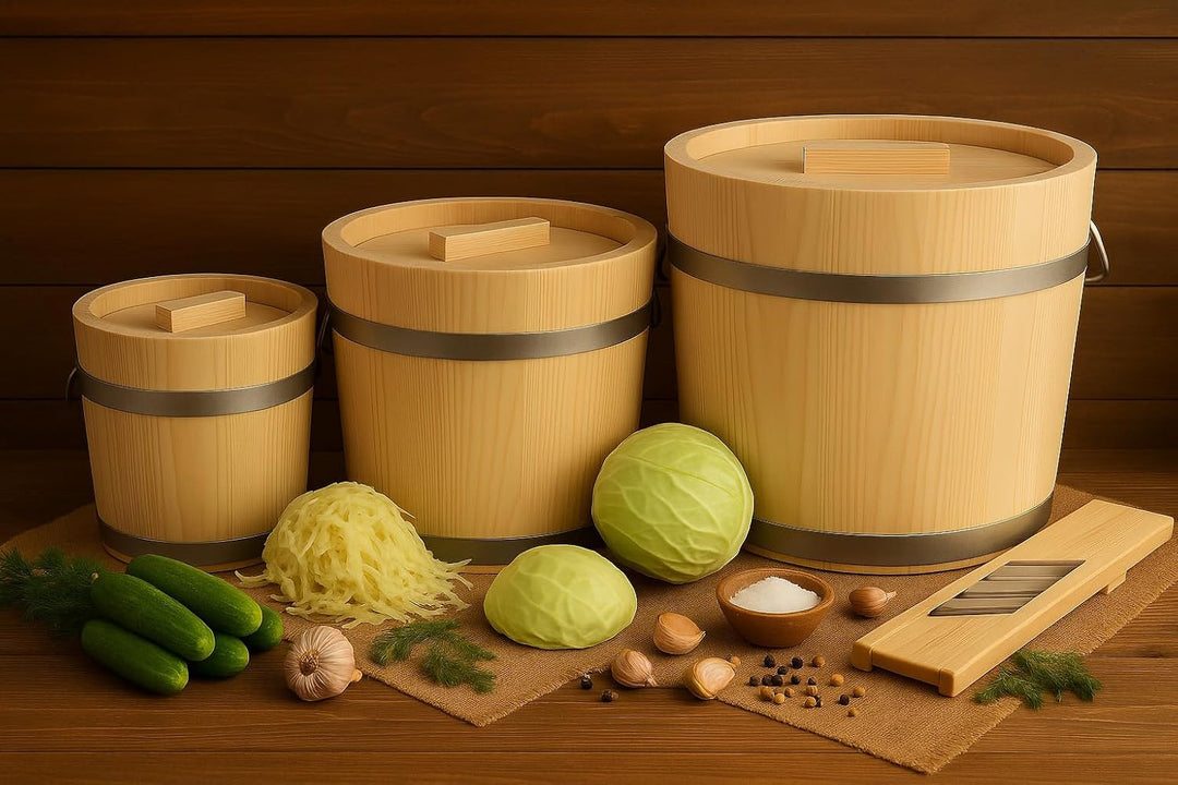 KERAZO Gäreimer mit Deckel – naturbelassenes Gärfass mit Metallumreifung und Haltegriffen – Sauerkra