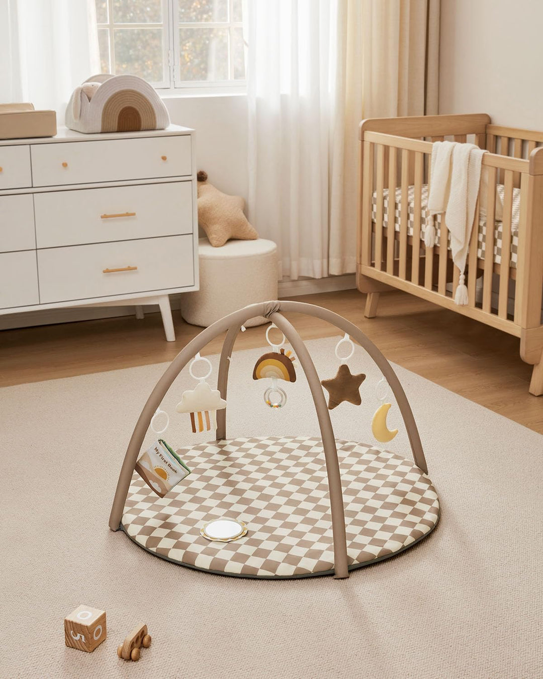 Blissful Diary Spielbogen Baby, Spieldecke Baby Gym Activity Decke mit 6 Abnehmbare Spielzeuge, krab