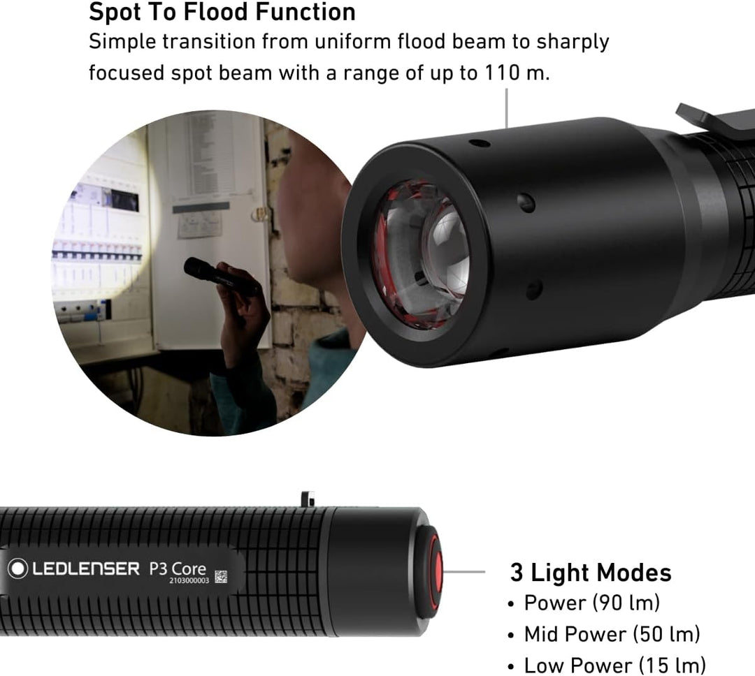 Ledlenser P3 Core | 2021 | LED Taschenlampe | Advanced Focus System | 90 Lumen | Bis zu 6 Std. Laufz