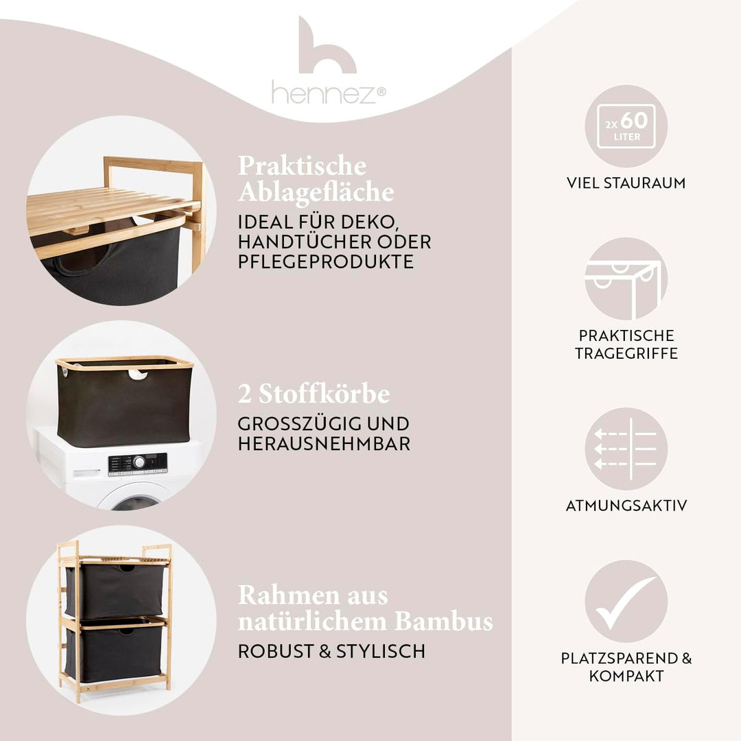 HENNEZ Badezimmerregal 2 Fächer | Bambusregal mit Ablage und 2 Körben | Badregal mit Schubladenboxen