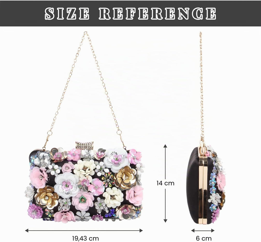 Fecialy Blumen-Clutch-Abendtaschen für Damen mit bunten Blumen-Metall-Strasssteinen Abend-Clutch-Gel