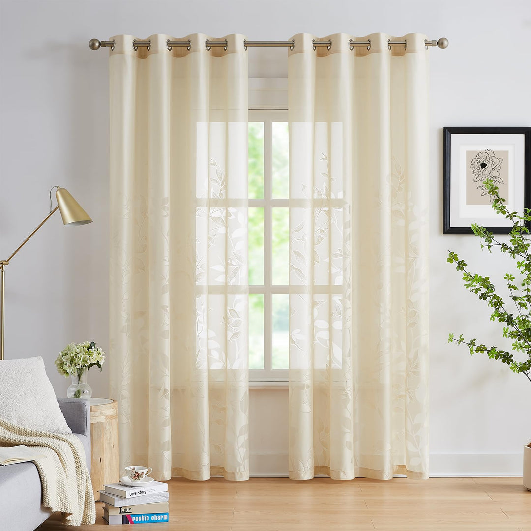 Treatmentex Durchsichtig Spitze Vorhang Jacquard Gardinen mit Ösen Blättermuster Halbtransparente Vo