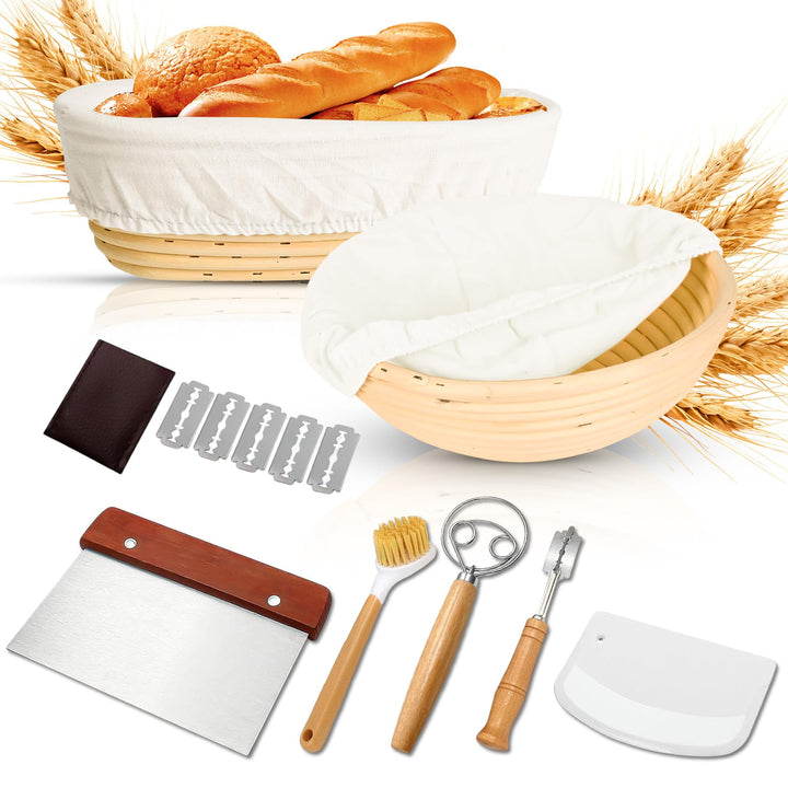 2er Gärkörbchen Set 23cm Rund & 25cm Oval Brotkörbchen – mit Gärtuch, Spatel & Bäckermesser – Brot B