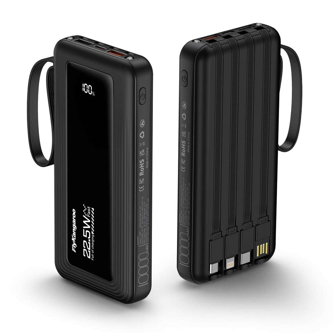 Powerbank mit integrierten Kabeln, 10000mAh, 22,5W Schnellladefunktion, USB-C LED-Anzeige, tragbares
