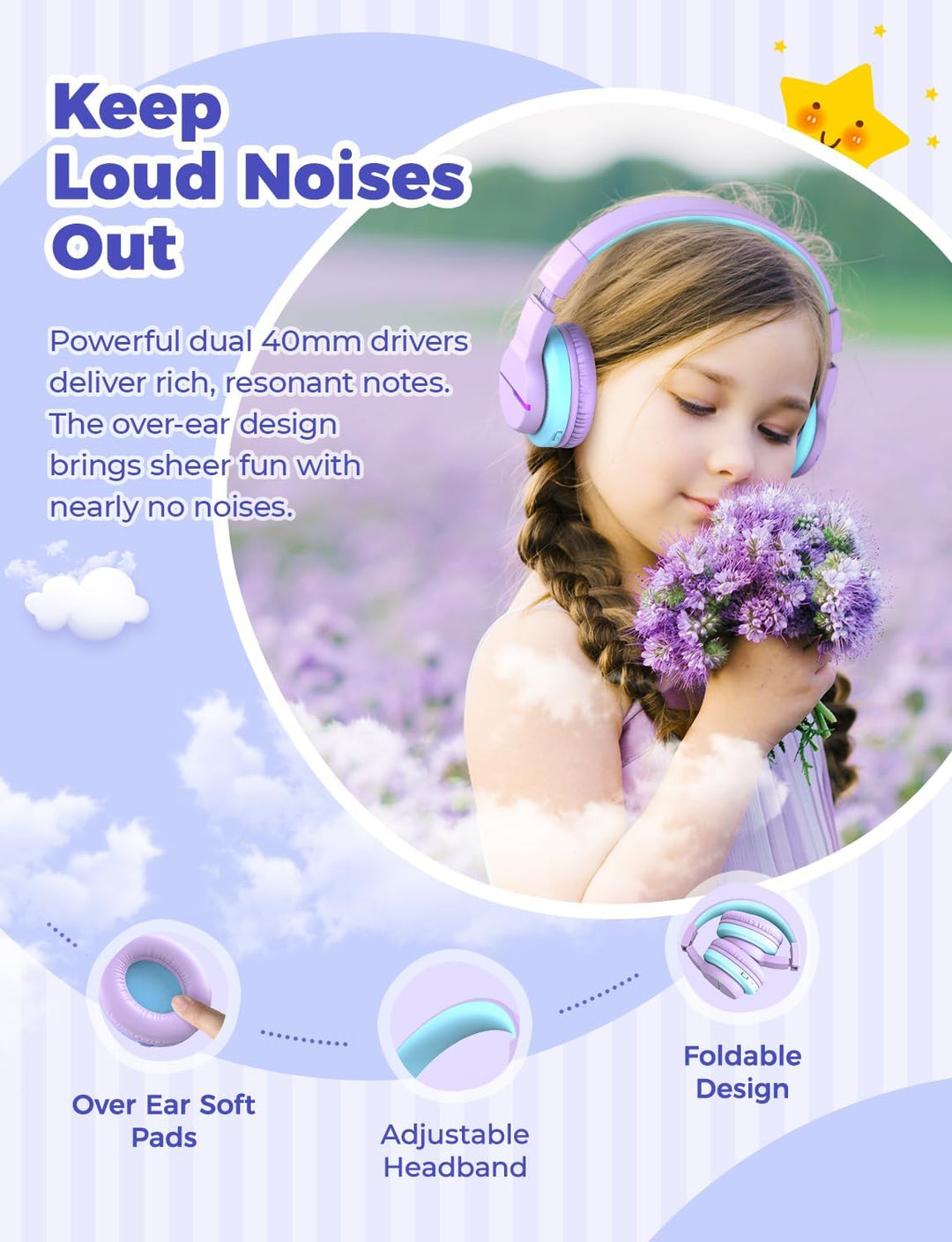 iClever Bluetooth Kinder Kopfhörer, Farbige LED-Leuchten, Kinderkopfhörer Over-Ear mit 74/85/94dB La