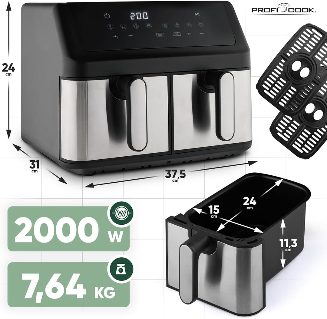 ProfiCook® Heissluftfritteuse 2 Kammern | Airfryer | 9 Liter | Heissluftfritteuse mit Zeitgleich-fer