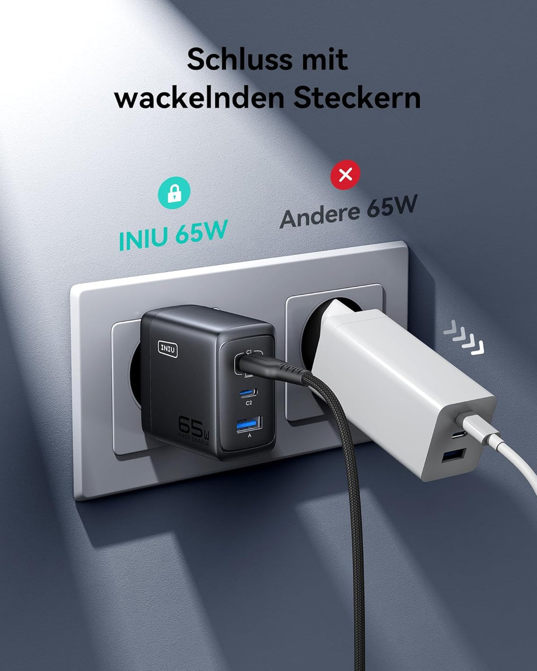 INIU 65W USB C Ladegerät, [USB-C * 2 + USB-A] Netzteil Mehrfach mit USB-C Kabel, PD 3.0 Schnellladeg