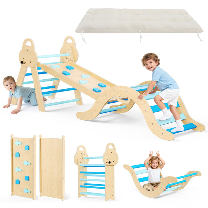 Klettergerüst Indoor,7-in-1 Montessori Indoor Spielset,Stabiles Birkenholz Klettergerüst mit Rutsche