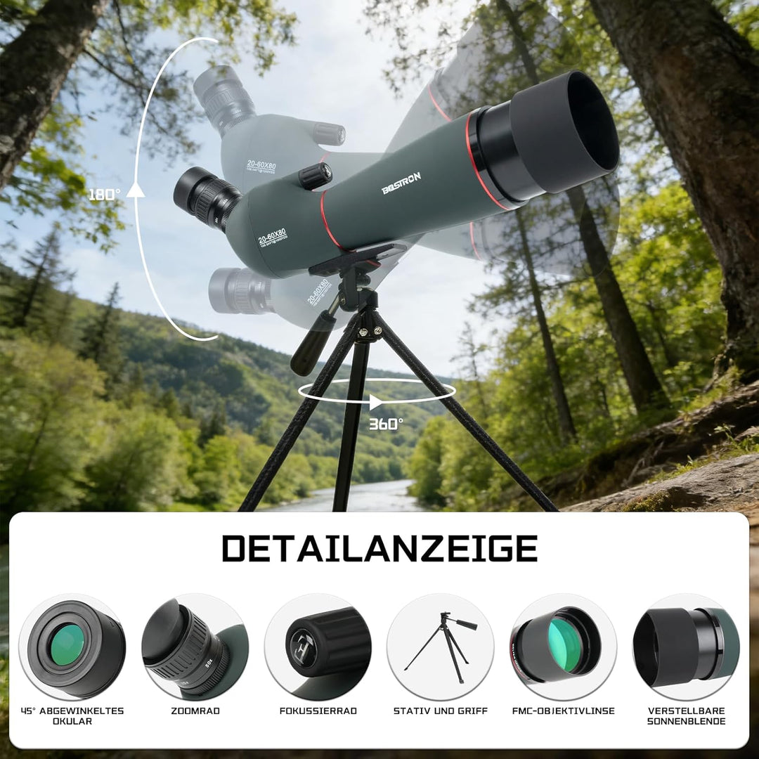 20-60 x 80 mm Spektiv mit Stativ, Porro Prisma FMC Objektiv -Low Light Vision mit Handy Adapter Trag