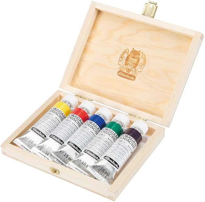 Schmincke - HORADAM® Gouache, 5 x 15 ml-Tuben, 727131 097, 10 feinste Gouache-Farbtöne im Holzkasten
