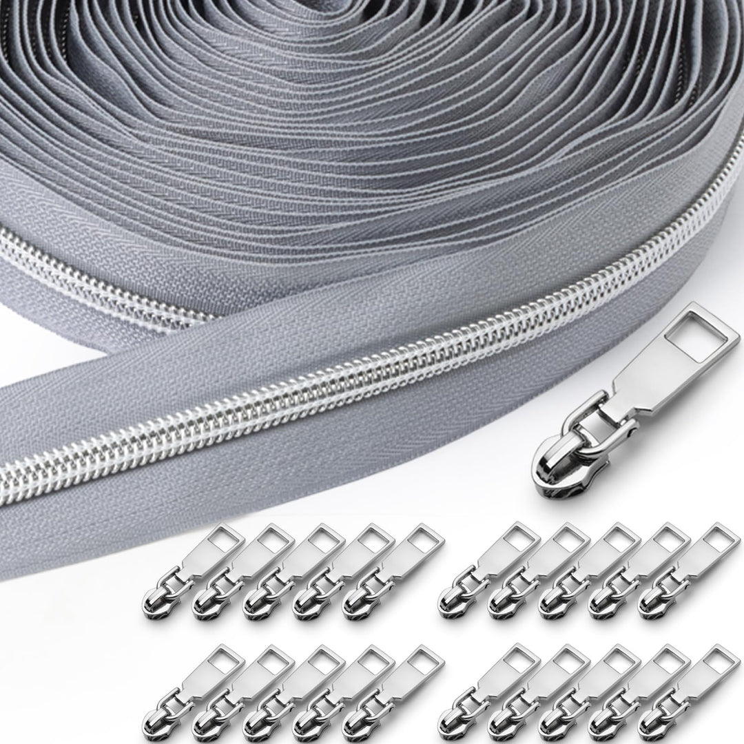 Sonekin 15 M Endlosreissverschluss mit Zipper (Grau + Silber) | Einfach zu Montieren, Leichtgängig,