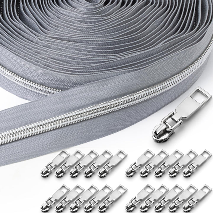 Sonekin 15 M Endlosreissverschluss mit Zipper (Grau + Silber) | Einfach zu Montieren, Leichtgängig,